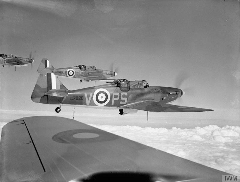 Defiant Mark Is, including L7026 PS-V and N1535 PS-A, of No. 264 Squadron RAF based at Kirton-in-Lindsey, Lincolnshire, in flight 1